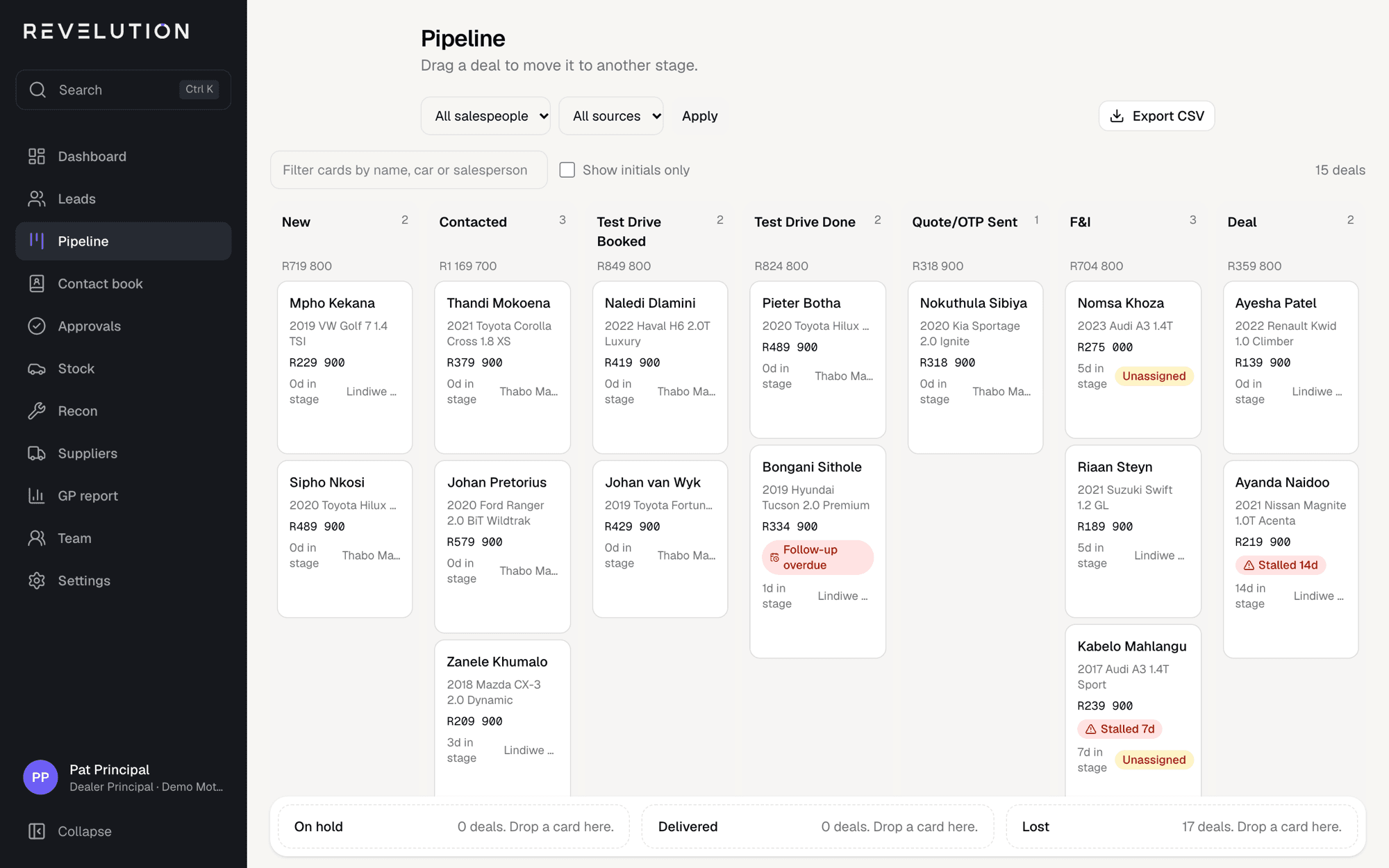 The Revelution CRM deal pipeline board